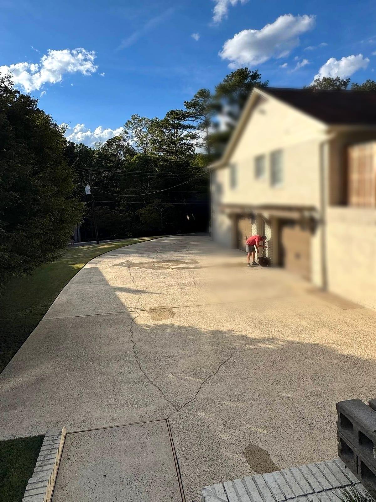 The same driveway bright and clean after pressure washing, with a Summit crew member finishing up